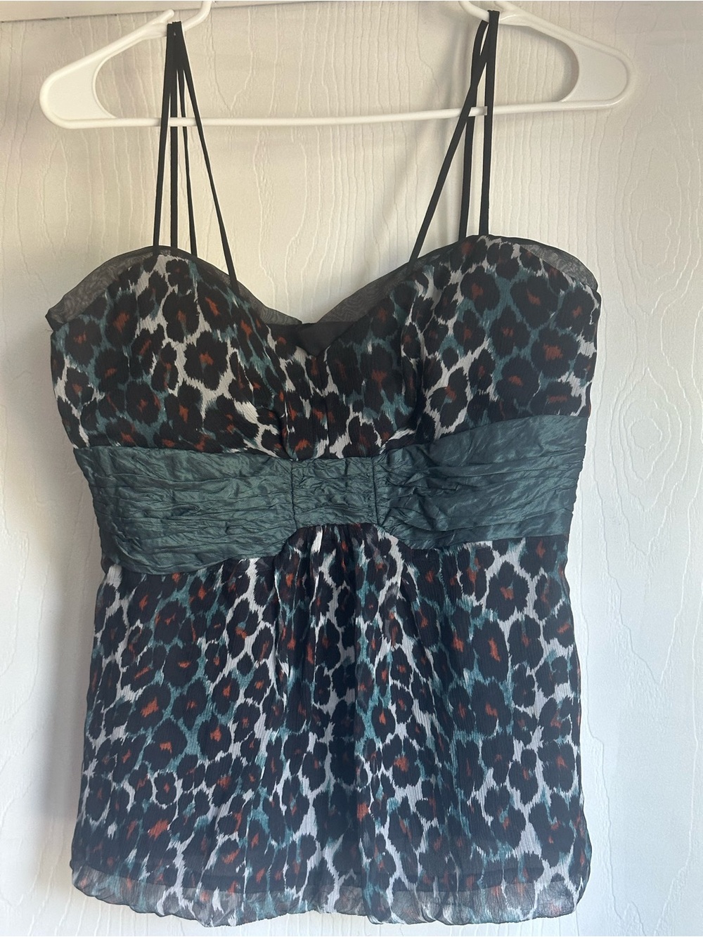 Nicole Miller Strappy Leopard Print Chiffon Tank with Teal Waistband